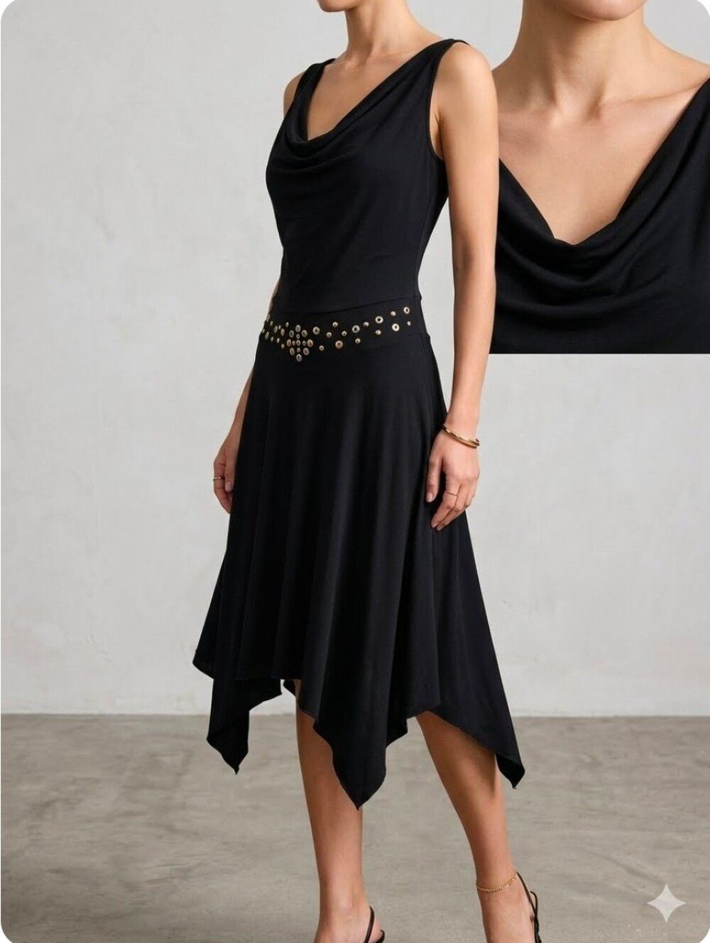 Vtg YS XL 90-s Elegant Black Slvless Cowl Neck Studded Waist Women's Dress USA